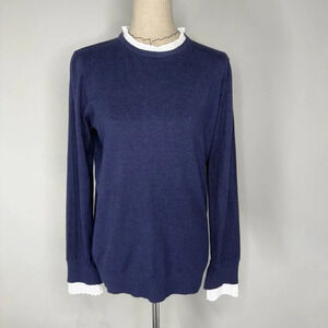 Vila Milano Sweater Pleated Collar Navy Blue Wool Blend Soft Office Preppy sz L